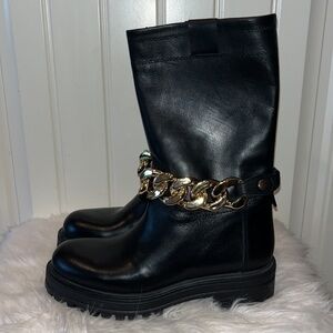 Steve Madden Devotion Boot chunky black leather moto combat gold chain sz 8 new